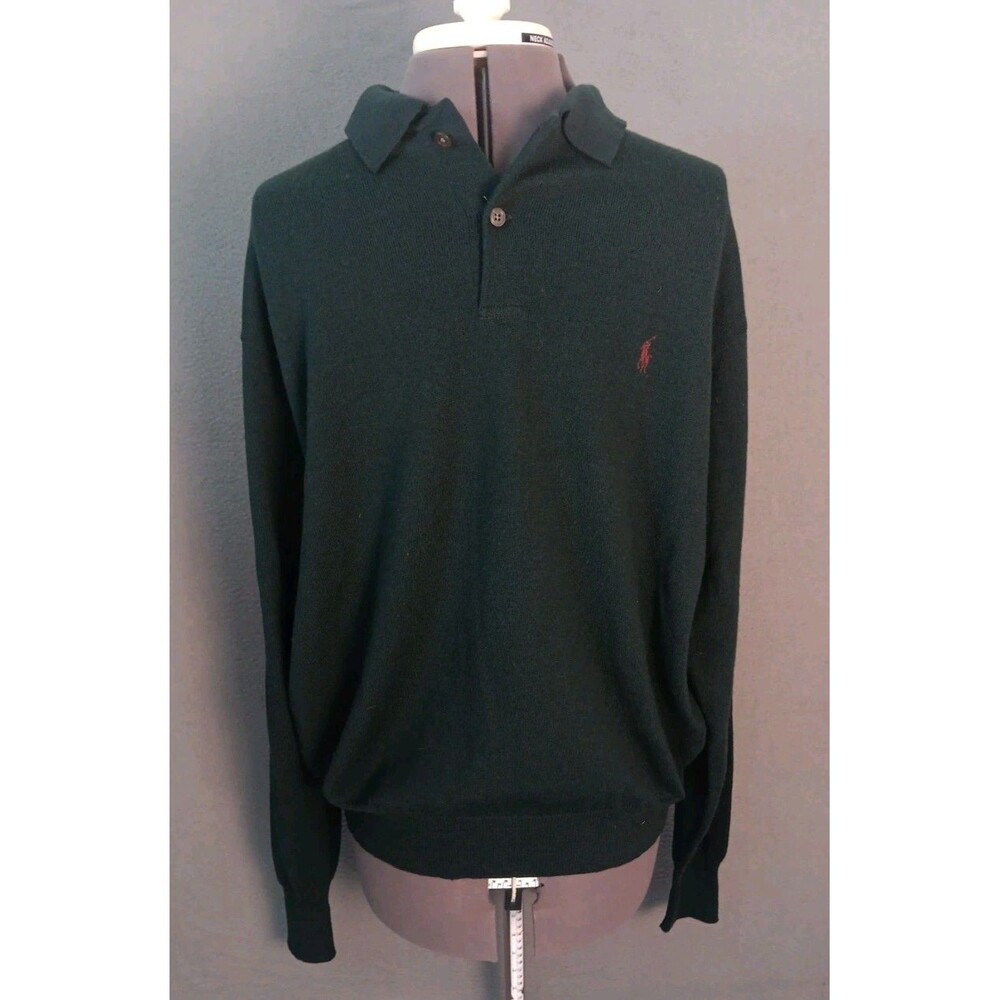 Vintage Polo Ralph Lauren Mens Green 100% Lambswool Long Sleeve Polo Sweater  XL